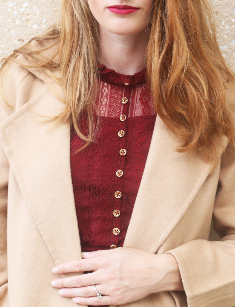 camel and maroon outfit