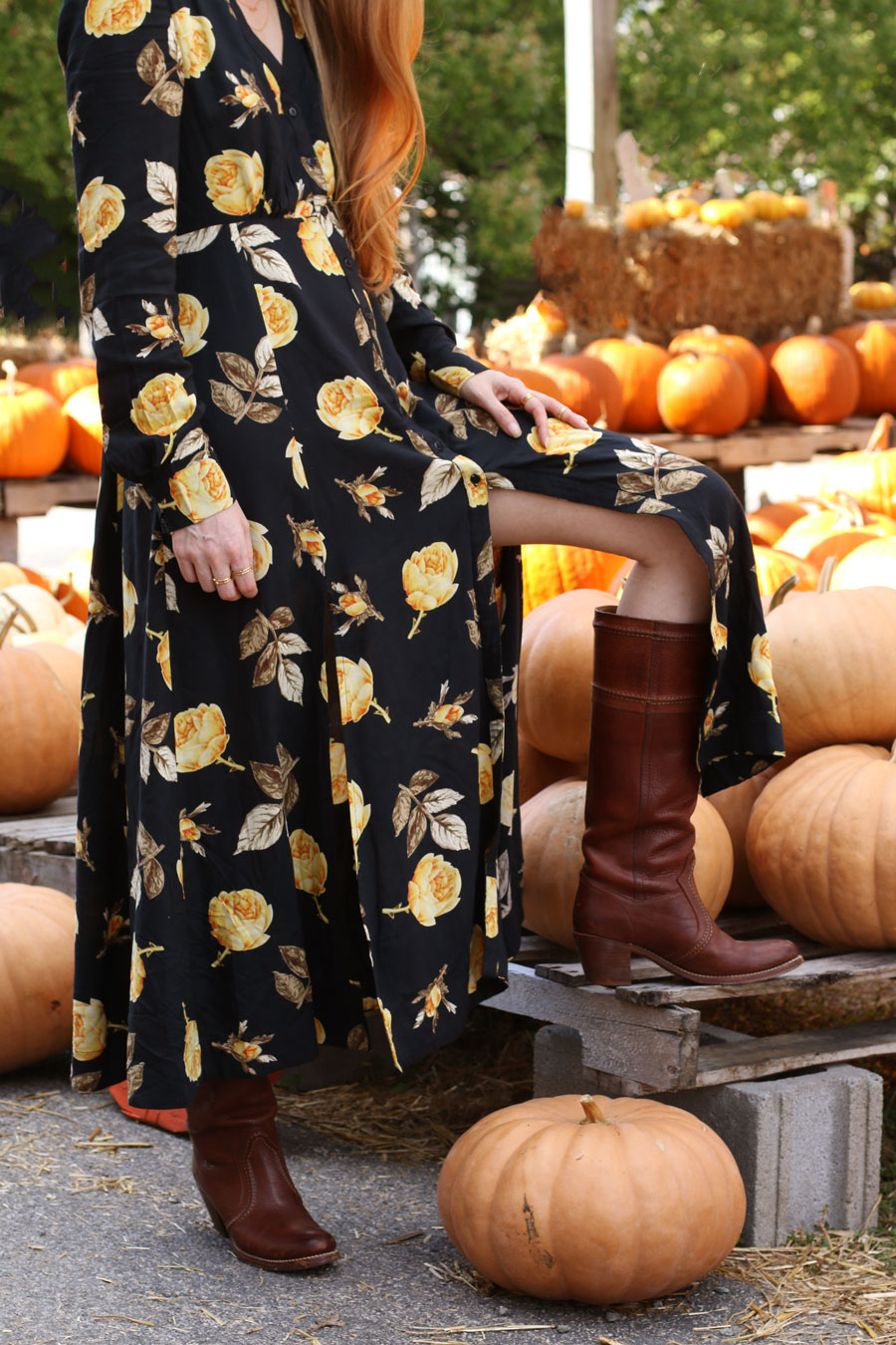 nakd fashion maxi dress fall style autumn pumpkin patch frye boots