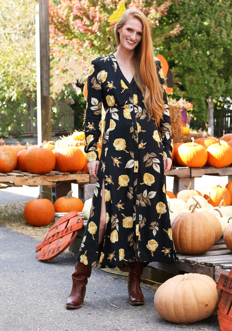 nakd fashion maxi dress fall style autumn pumpkin patch frye boots
