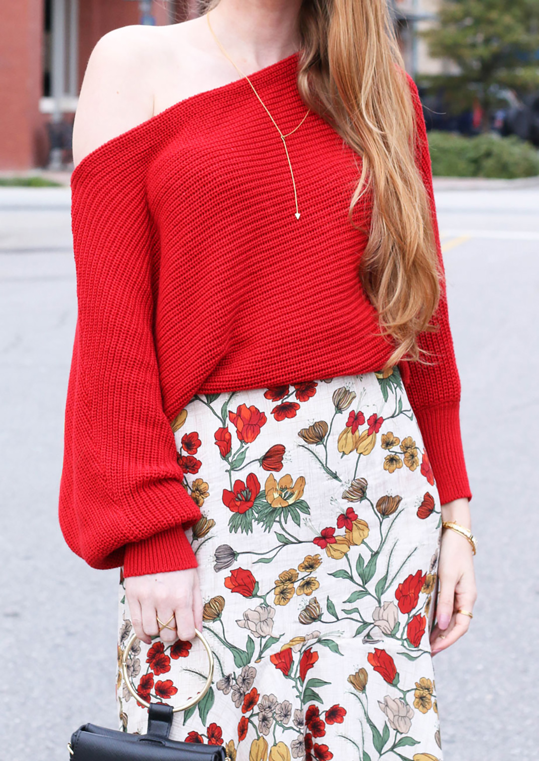 Cozy Off The Shoulder Sweater. Midi Skirt. Floral Skirt. Fall Style. Christmas sweater. Thanksgiving outfit. Holiday style. Black booties. Ring bag. Chunky sweater.
