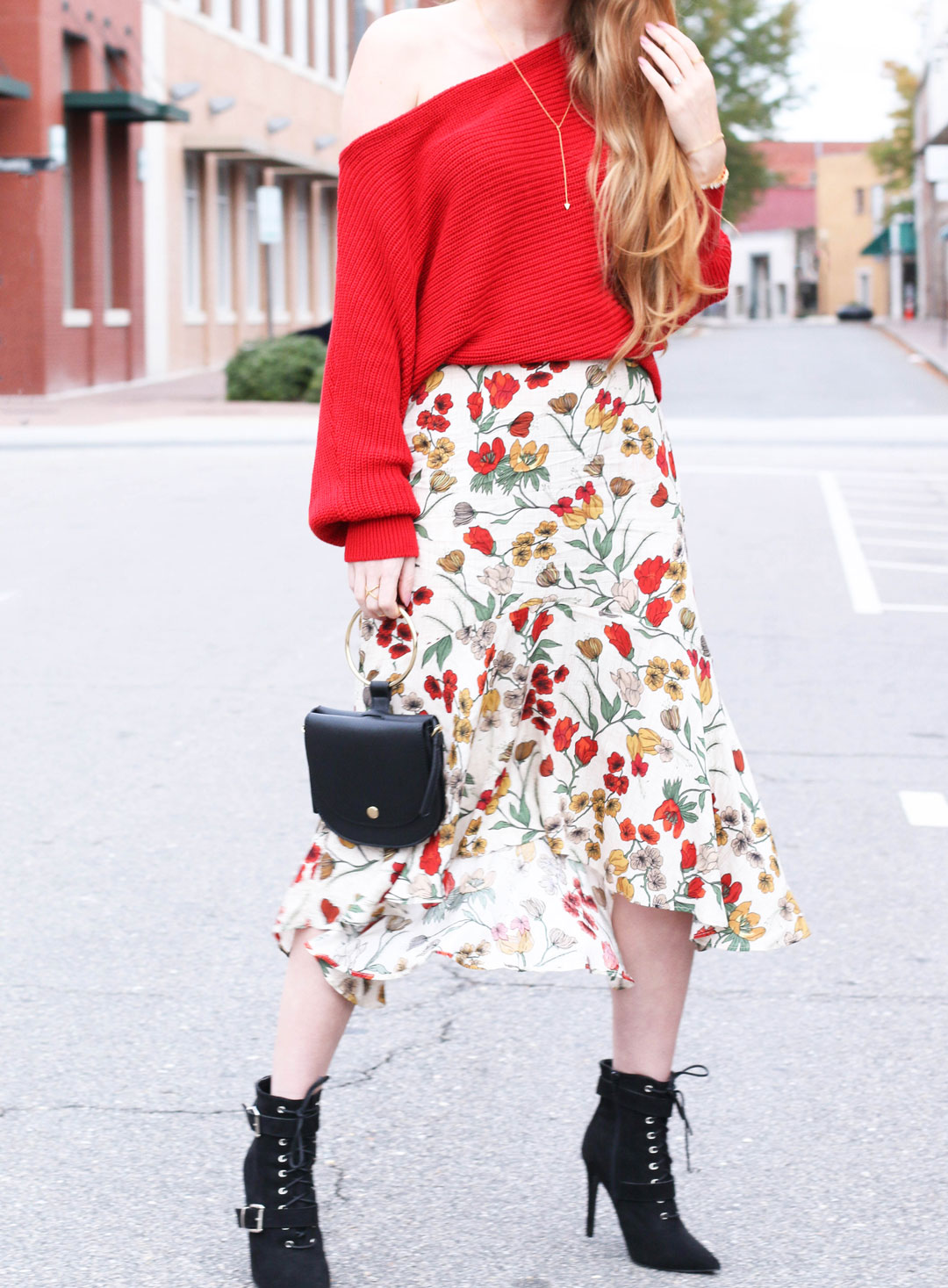 Cozy Off The Shoulder Sweater. Midi Skirt. Floral Skirt. Fall Style. Christmas sweater. Thanksgiving outfit. Holiday style. Black booties. Ring bag. Chunky sweater.