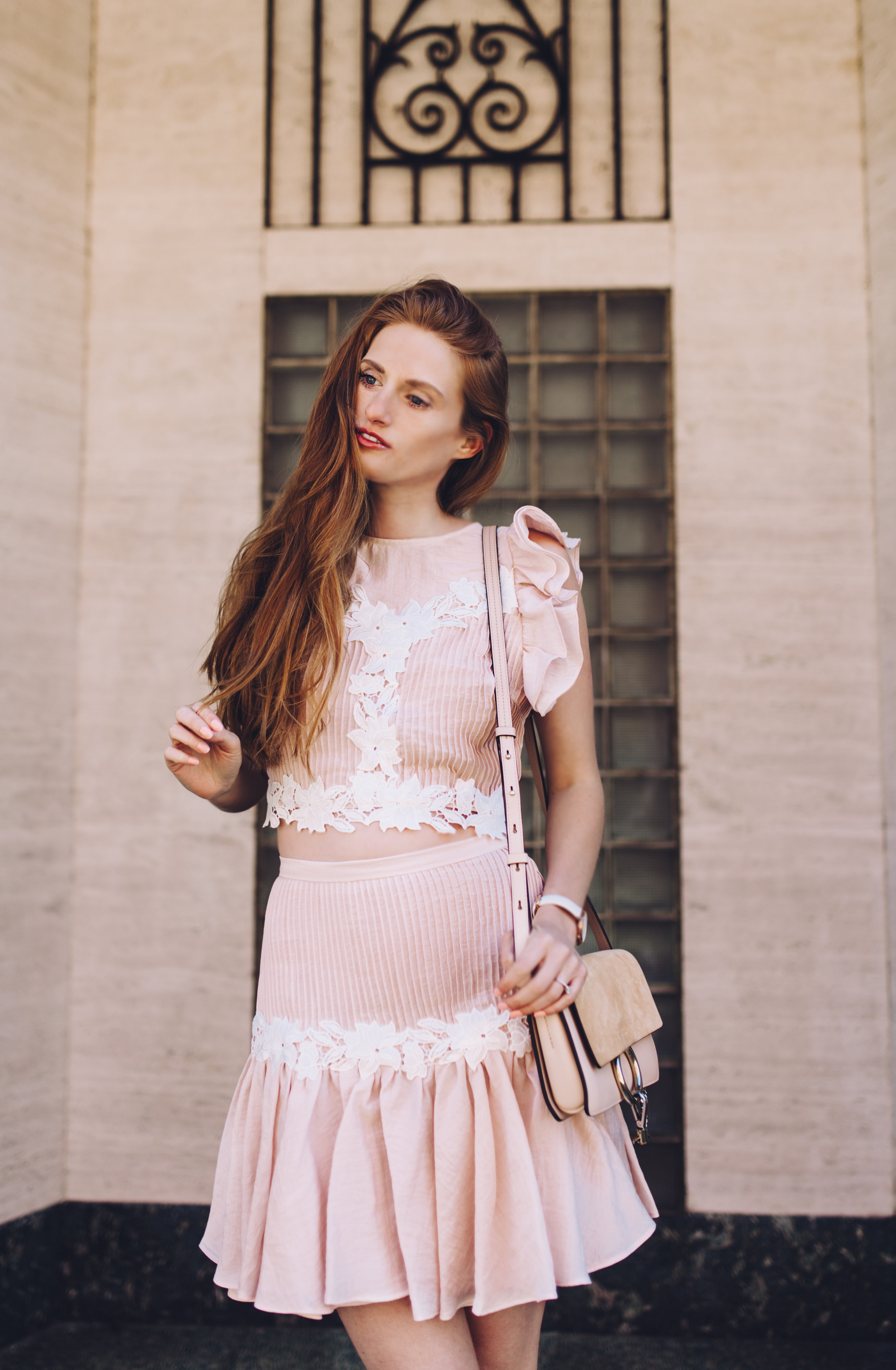 Pink Two Piece Outfit chloe bag Australian clothing brand fashion bow open back skirt top spring outfit