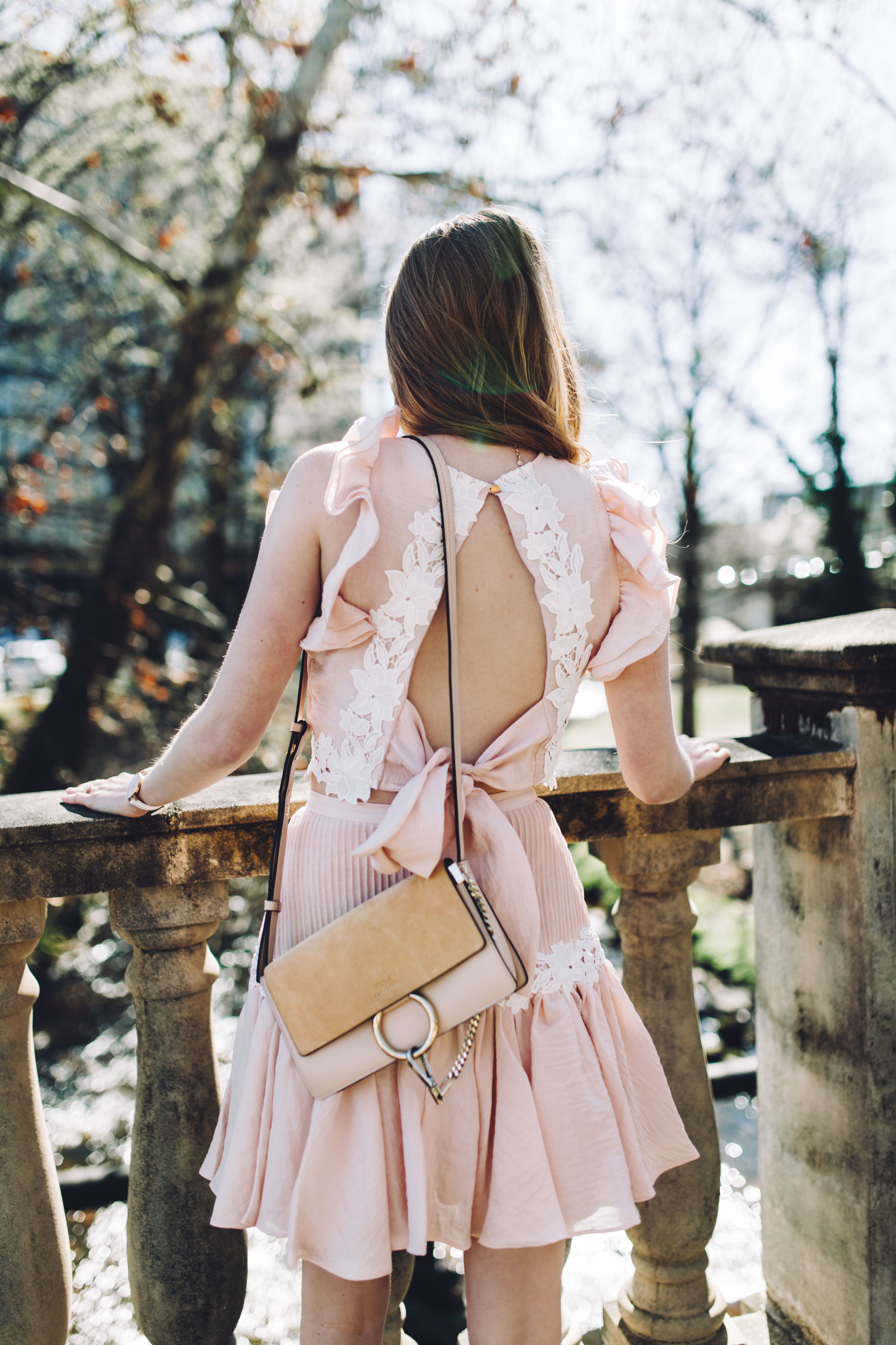 Pink Two Piece Outfit chloe bag Australian clothing brand fashion bow open back skirt top spring outfit
