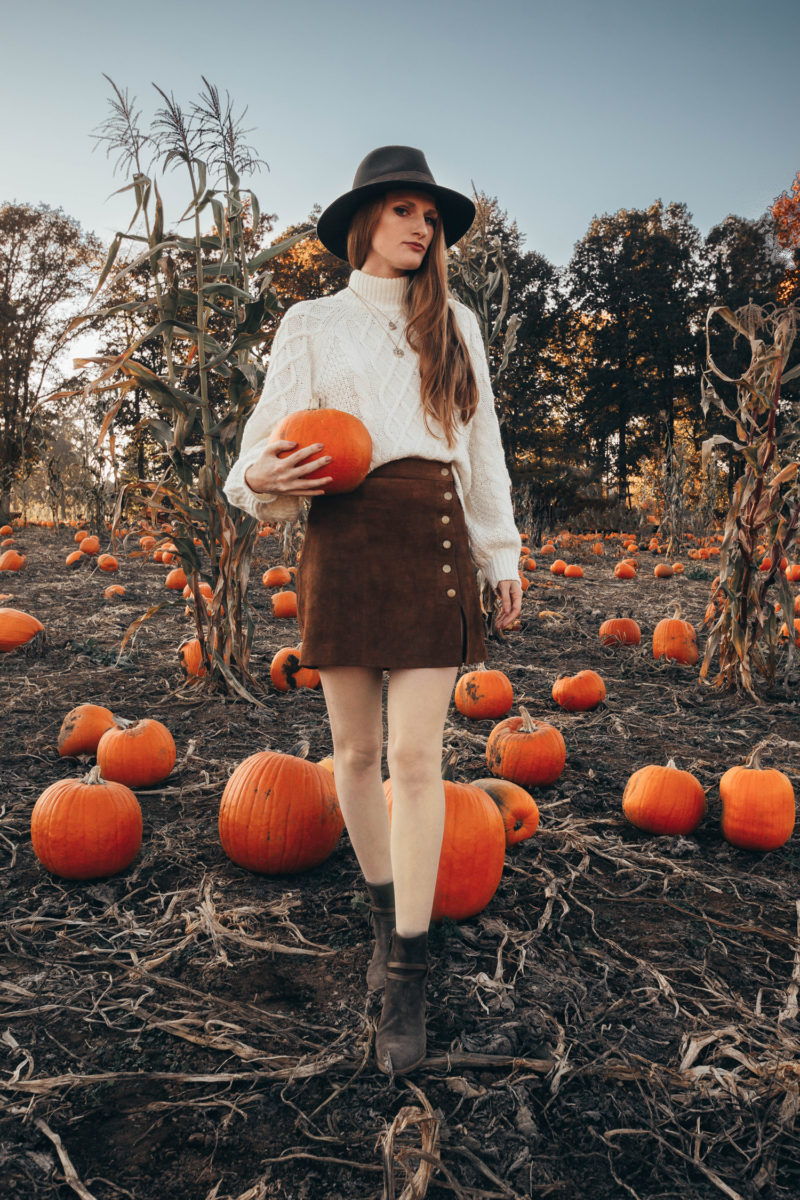 Sweater and Skirt Outfit At The Pumpkin Patch • Stop, Drop & Vogue