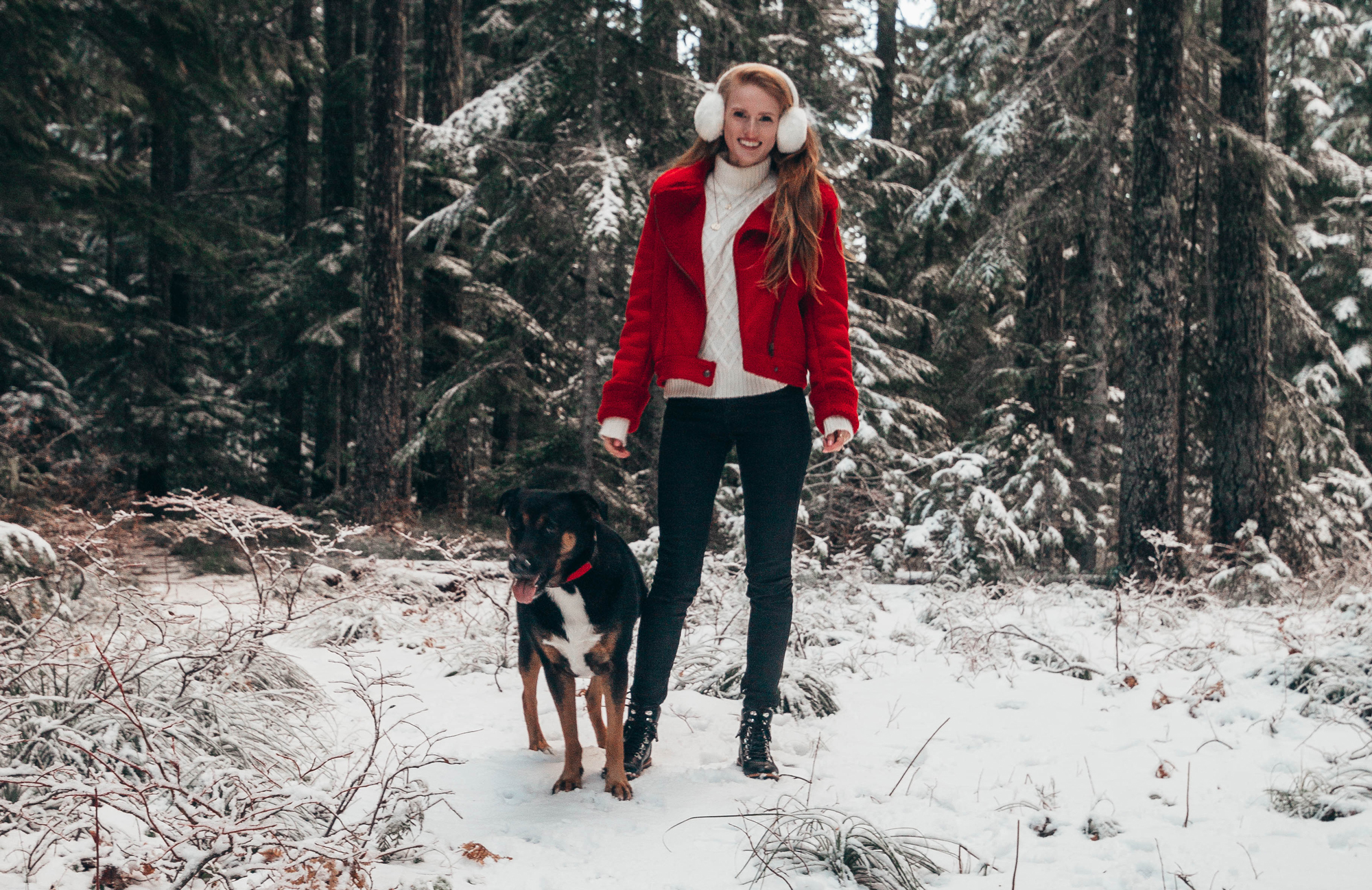 Red Shearling Jacket Winter Wonderland Snow Trees Style Outfit