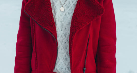 Red Shearling Jacket in a Winter Wonderland