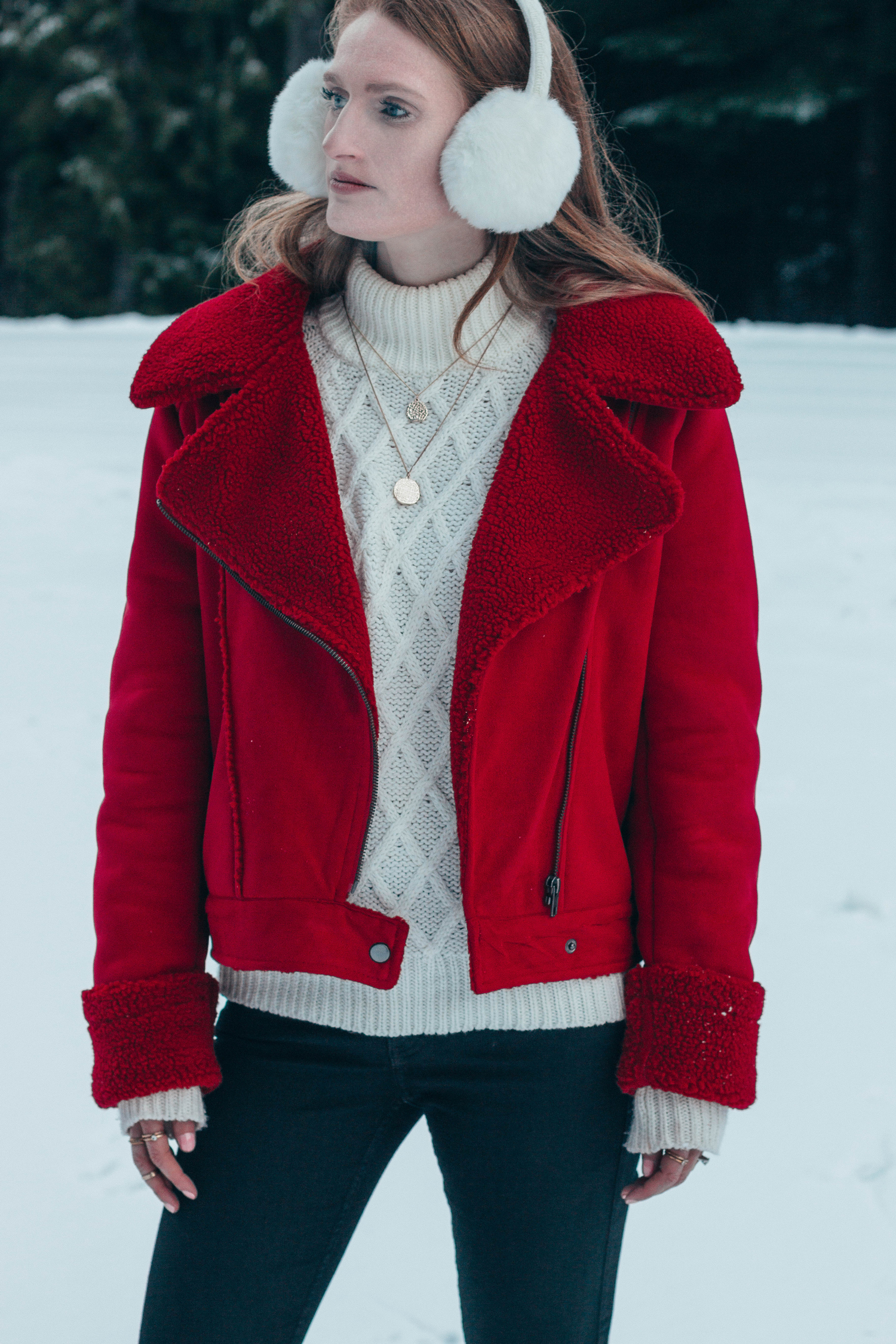 Red Shearling Jacket Winter Wonderland Snow Trees Style Outfit