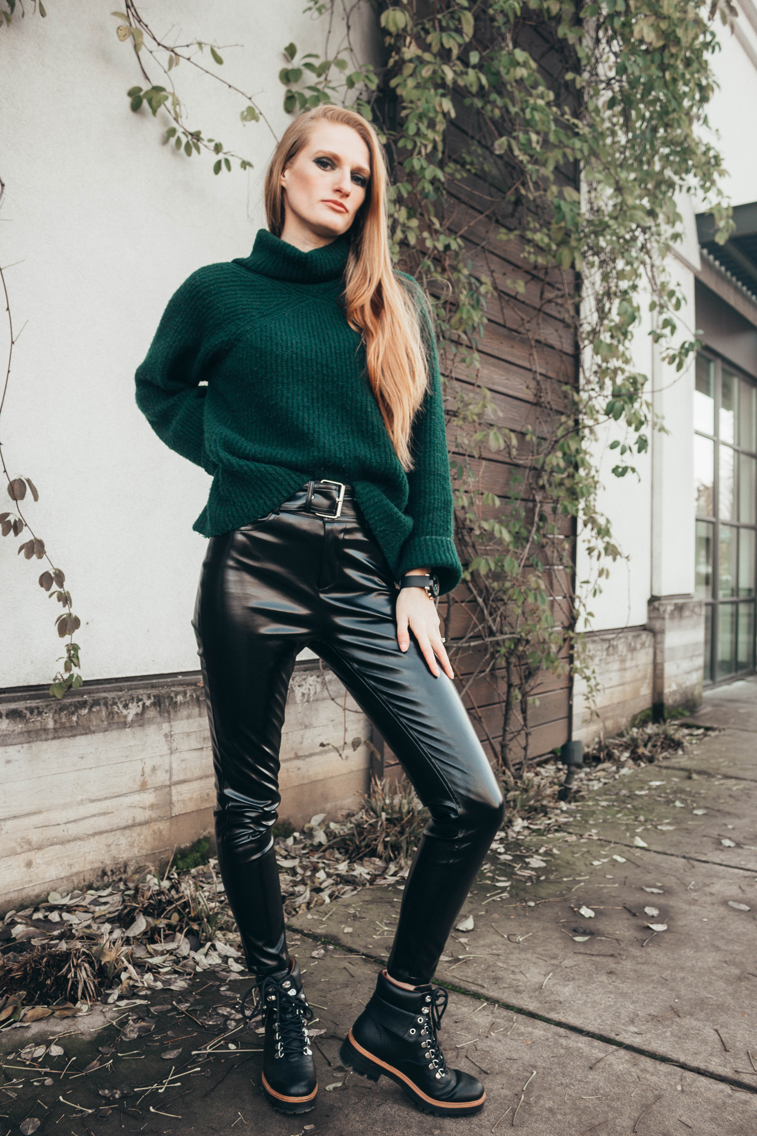 vinyl patent pants green turtle neck sweater xle nakd outfit style black