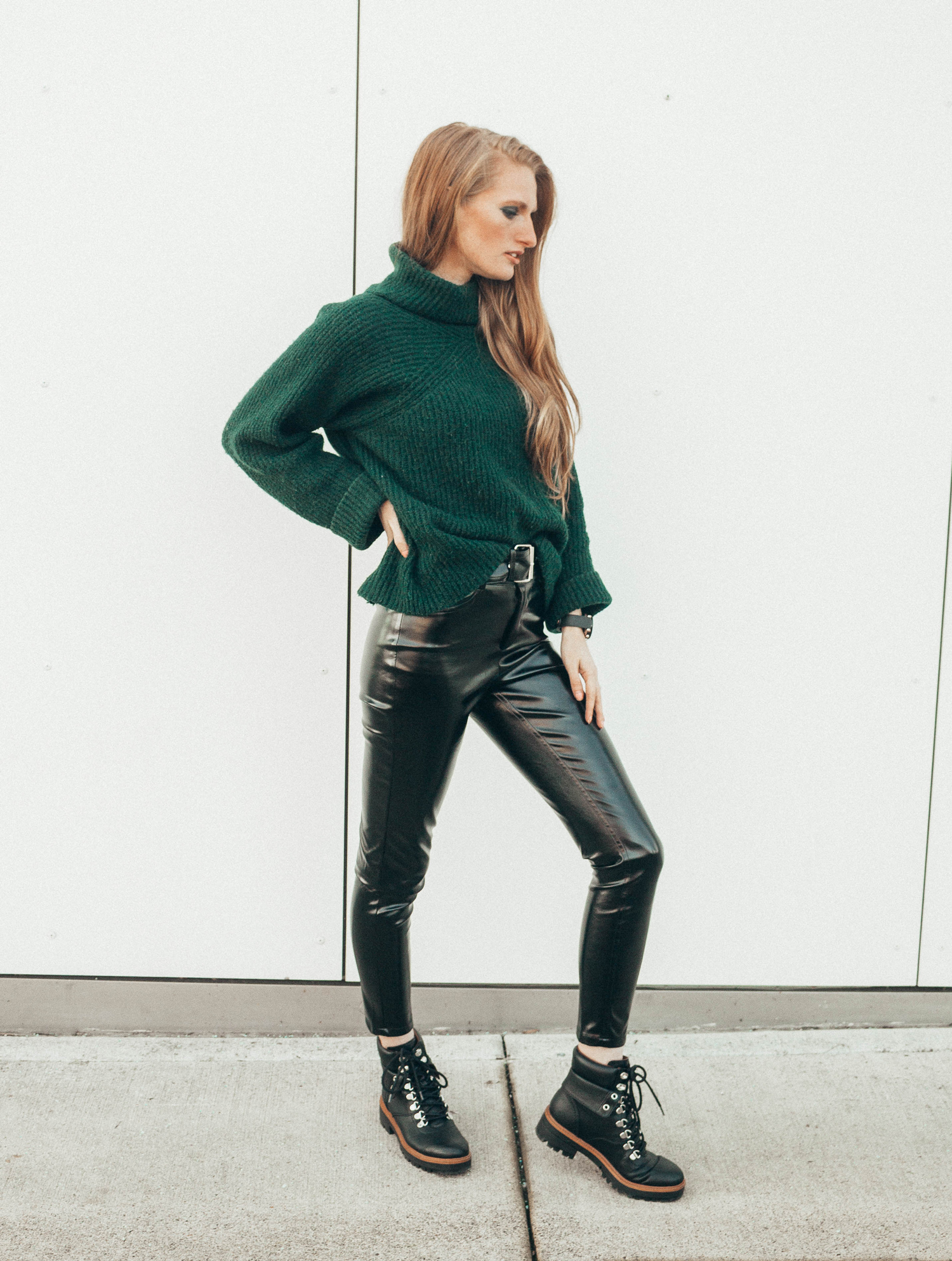 vinyl patent pants green turtle neck sweater xle nakd outfit style black