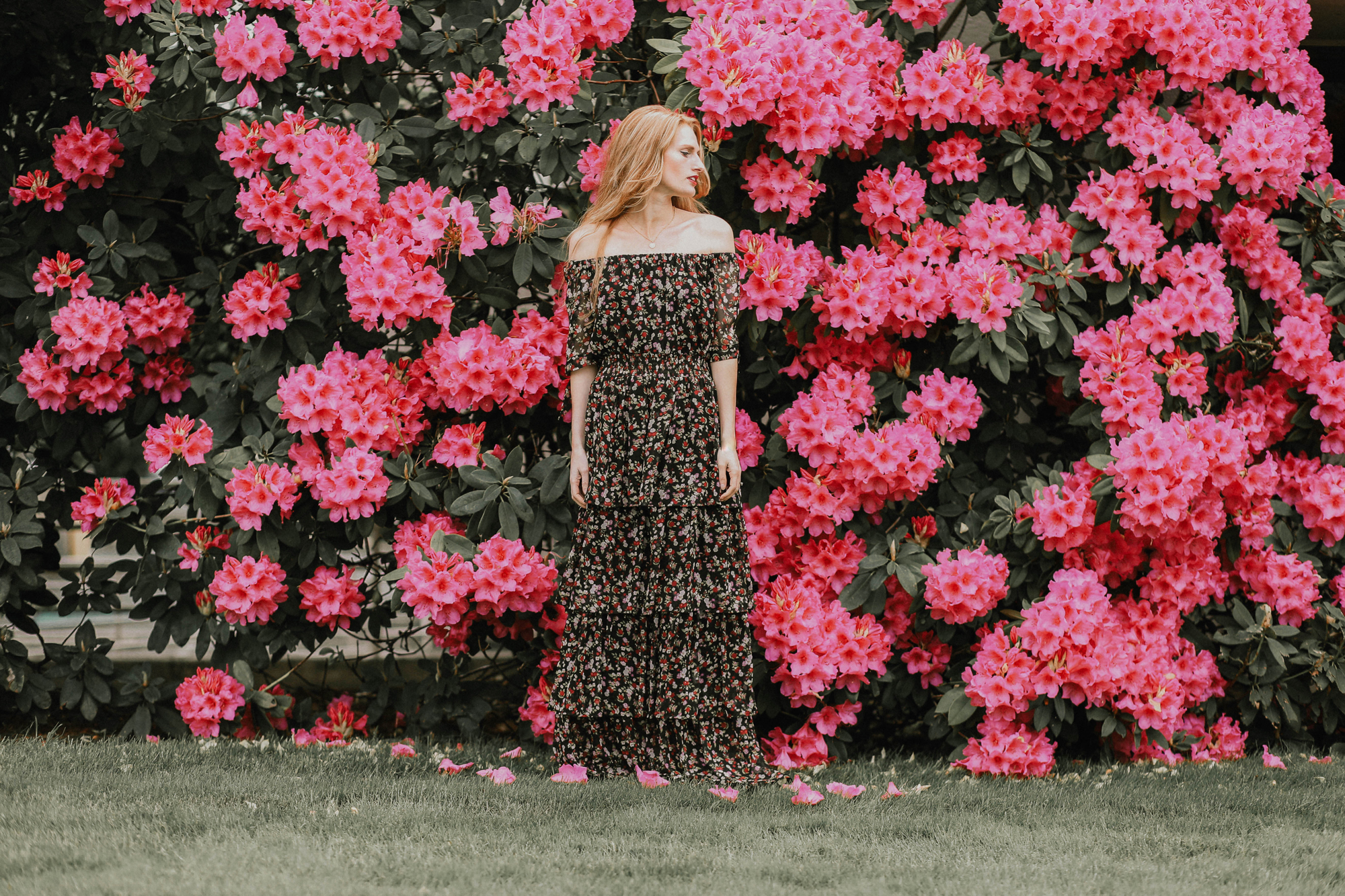 pink rhododendron floral maxi dress