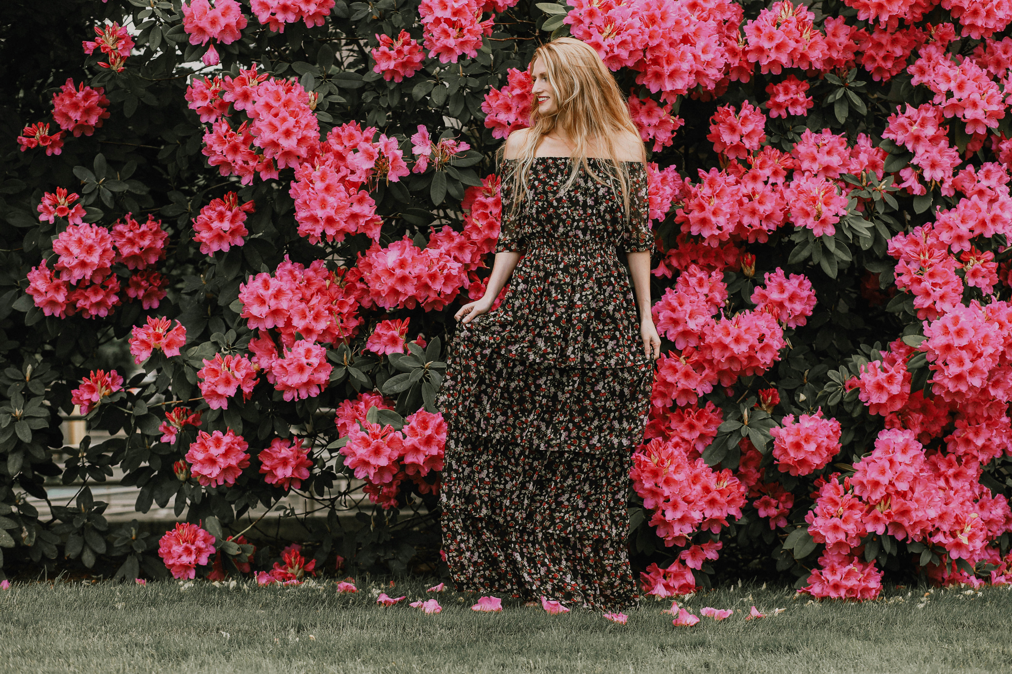 pink rhododendron floral maxi dress