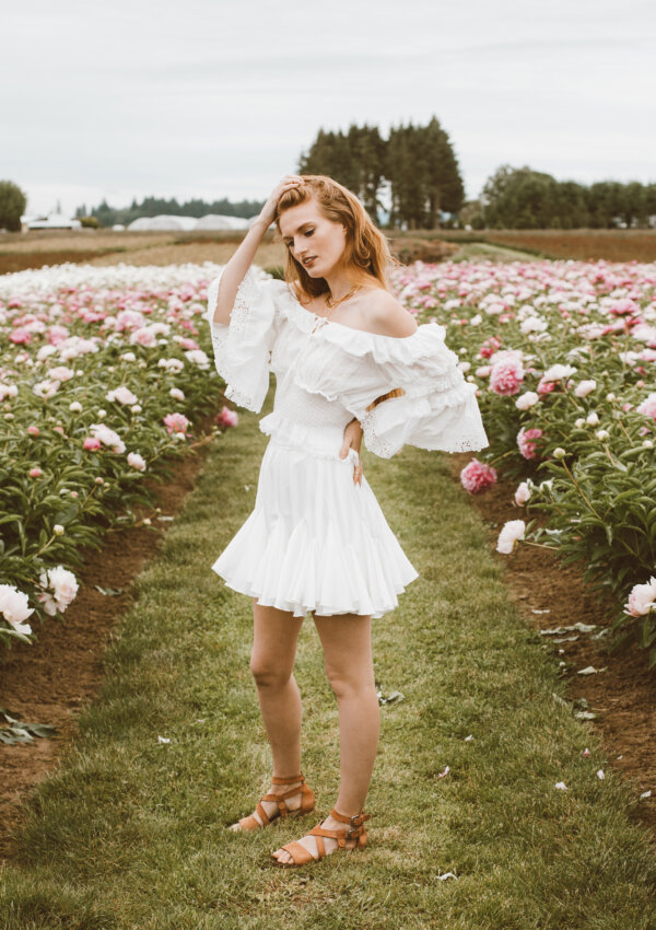 White Summer Outfit at the Peony Farm